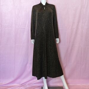 Anne Klein Lurex-Knit Twist Neck Gold Metallic Long Sleeve Midi Dress size Large